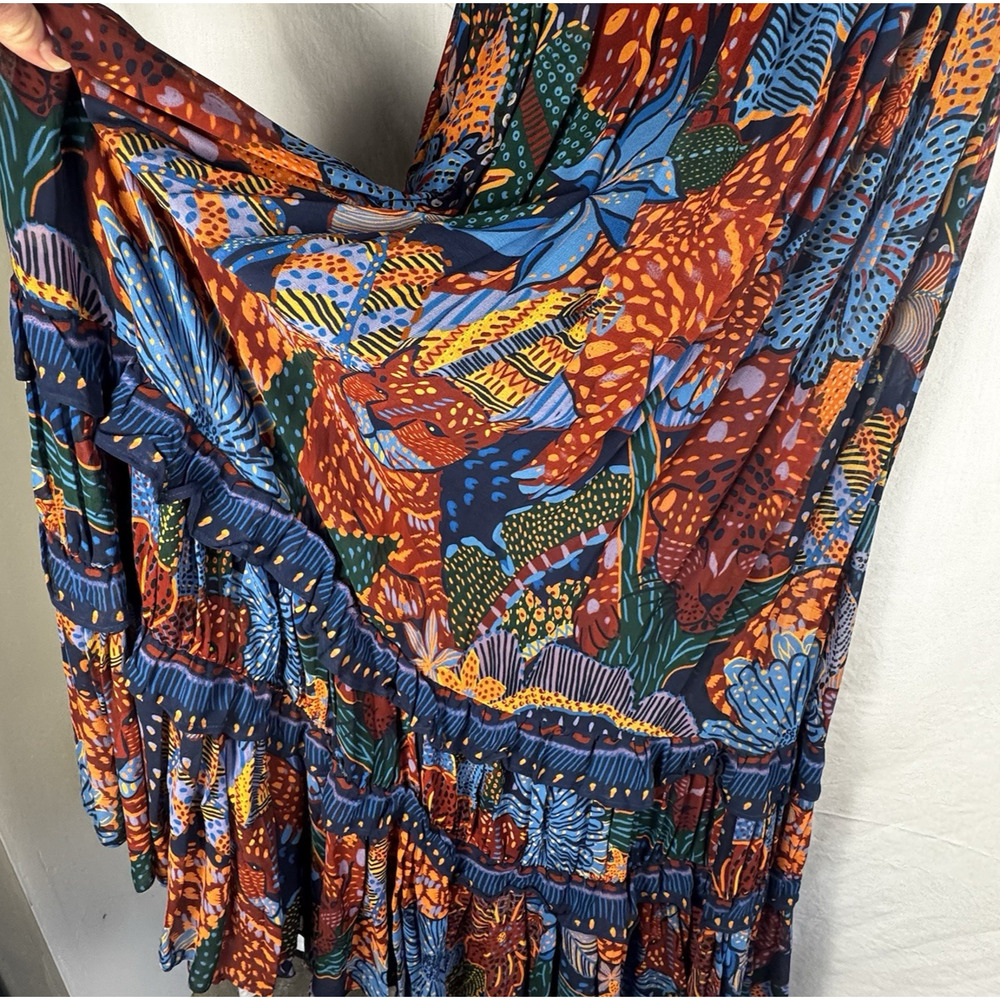 Farm Rio Blue Cool Leopard Print Ruffle Maxi Dress Small Belted V Neck Sun Wear - Picture 3 of 16